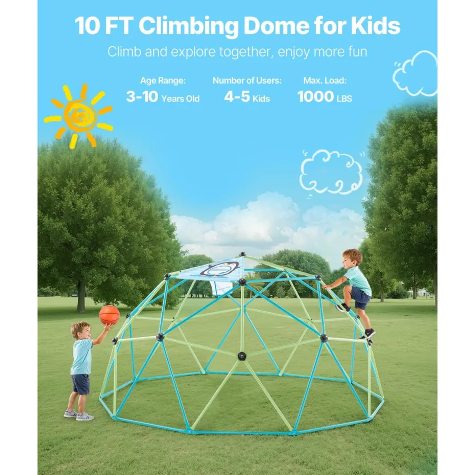 VEVOR Climbing Dome, 10FT Geometric Dome Climber, 1000LBS Loading Jungle Gym Playground with 2 Basketballs & Octopus Net, Easy-Assembly Outdoor Backyard Climbing Equipment for Kids 3 to 10 Years Old