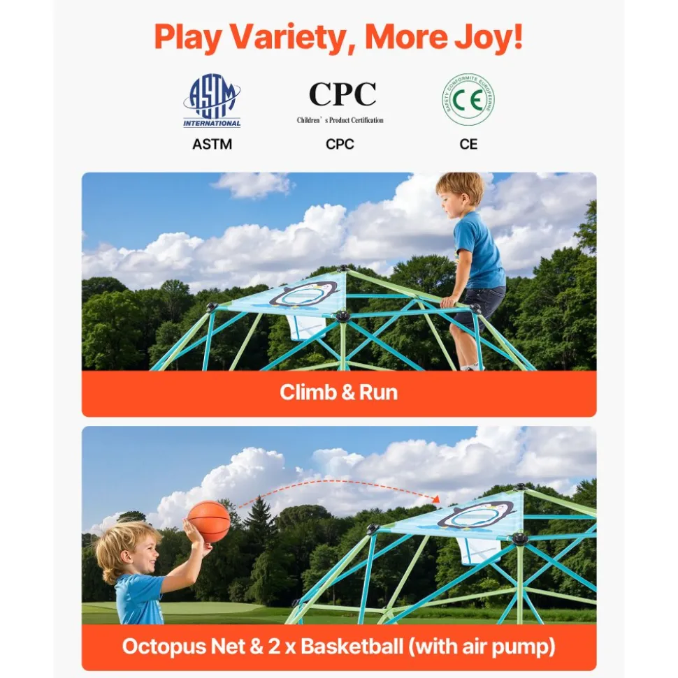 VEVOR Climbing Dome, 10FT Geometric Dome Climber, 1000LBS Loading Jungle Gym Playground with 2 Basketballs & Octopus Net, Easy-Assembly Outdoor Backyard Climbing Equipment for Kids 3 to 10 Years Old