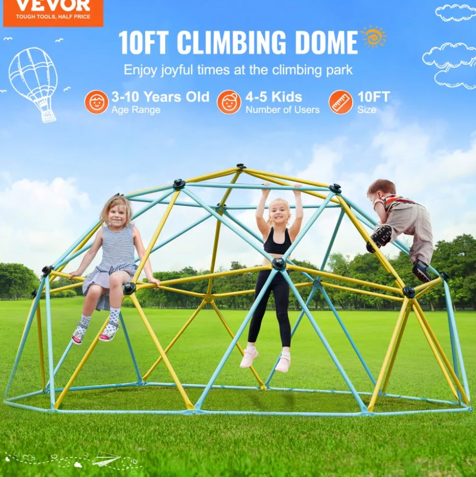VEVOR Climbing Dome, Jungle Gym Supports 750LBS and Easy Assembly, 10FT Geometric Dome Climber Play Center for Kids 3 to 10 Years Old,with Climbing Grip, Outdoor Backyard Play Equipment for Kids