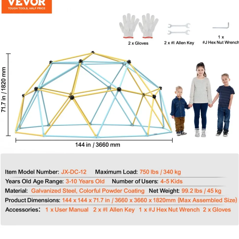VEVOR Climbing Dome, Jungle Gym Supports 600LBS and Easy Assembly, 6FT Geometric Dome Climber Play Center for Kids 3 to 9 Years Old, with Climbing Grip, Outdoor and Indoor Play Equipment for Kids