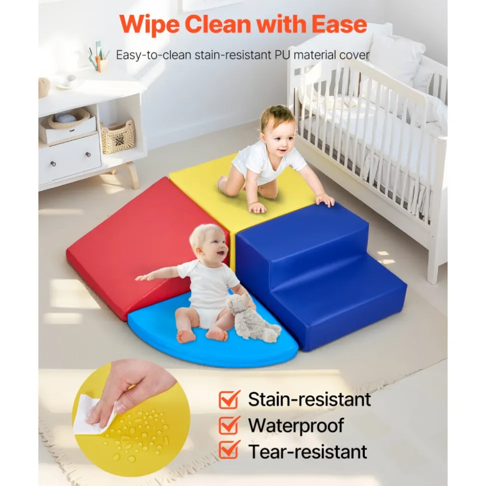 VEVOR Climbing Toys, 4-Piece Set, Foam Climbing Toys for Toddlers 6 Months to 3 Years Old, PU Leather Climbing Blocks, Indoor Climb and Crawl Activity Playset for Crawling & Sliding, Easy to Clean