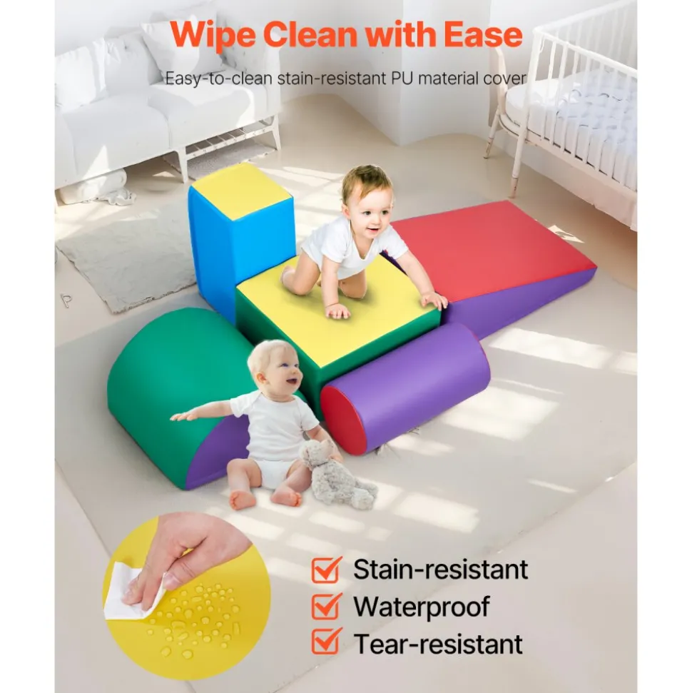 VEVOR Climbing Toys, 5-Piece Set, Foam Climbing Toys for Toddlers 6 Months to 3 Years Old, PU Leather Climbing Blocks, Indoor Climb and Crawl Activity Playset for Crawling & Sliding, Easy to Clean