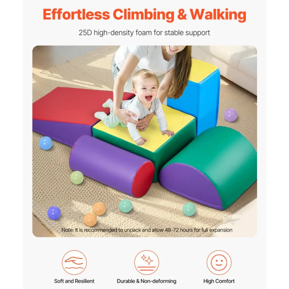 VEVOR Climbing Toys, 5-Piece Set, Foam Climbing Toys for Toddlers 6 Months to 3 Years Old, PU Leather Climbing Blocks, Indoor Climb and Crawl Activity Playset for Crawling & Sliding, Easy to Clean