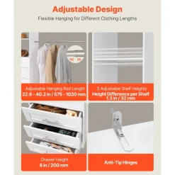 VEVOR Closet System with 3 Drawers, Adjustable Height Wooden Closet Organizers, Modern Walk-in Wardrobe Organization with 4 Retractable Clothes Hanger Rods, Freestanding Garment Rack Storage, White