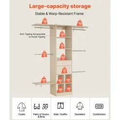 VEVOR Closet System with 2 Drawers, Adjustable Height Wooden Closet Organizers, Modern Walk-in Wardrobe Organization with 5 Retractable Clothes Hanger Rods, Freestanding Garment Rack Storage, Grey