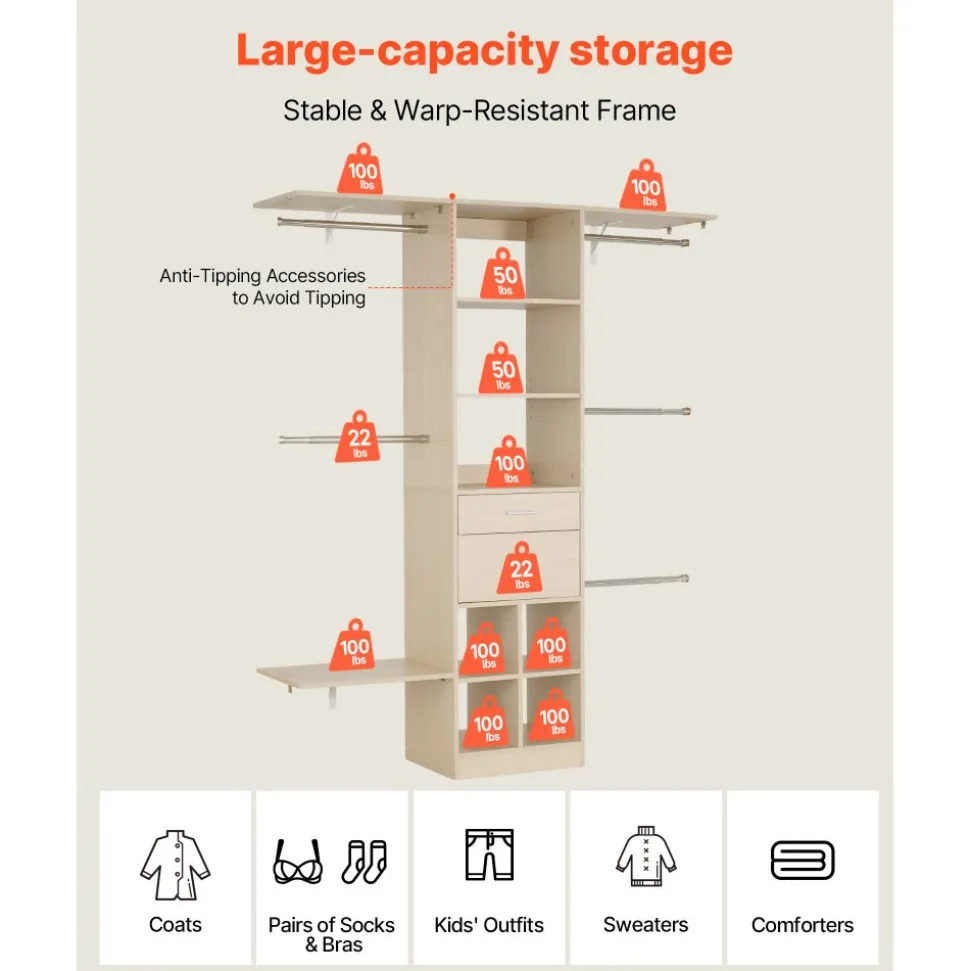 VEVOR Closet System with 2 Drawers, Adjustable Height Wooden Closet Organizers, Modern Walk-in Wardrobe Organization with 5 Retractable Clothes Hanger Rods, Freestanding Garment Rack Storage, Grey