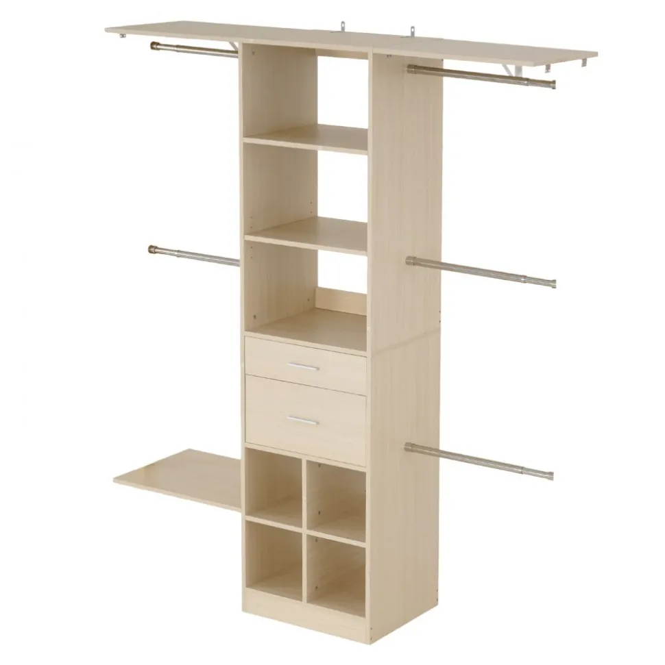 VEVOR Closet System with 2 Drawers, Adjustable Height Wooden Closet Organizers, Modern Walk-in Wardrobe Organization with 5 Retractable Clothes Hanger Rods, Freestanding Garment Rack Storage, Grey