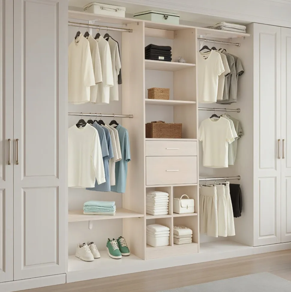 VEVOR Closet System with 2 Drawers, Adjustable Height Wooden Closet Organizers, Modern Walk-in Wardrobe Organization with 5 Retractable Clothes Hanger Rods, Freestanding Garment Rack Storage, Grey