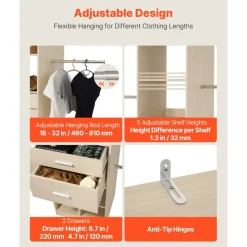 VEVOR Closet System with 2 Drawers, Adjustable Height Wooden Closet Organizers, Modern Walk-in Wardrobe Organization with 5 Retractable Clothes Hanger Rods, Freestanding Garment Rack Storage, Grey