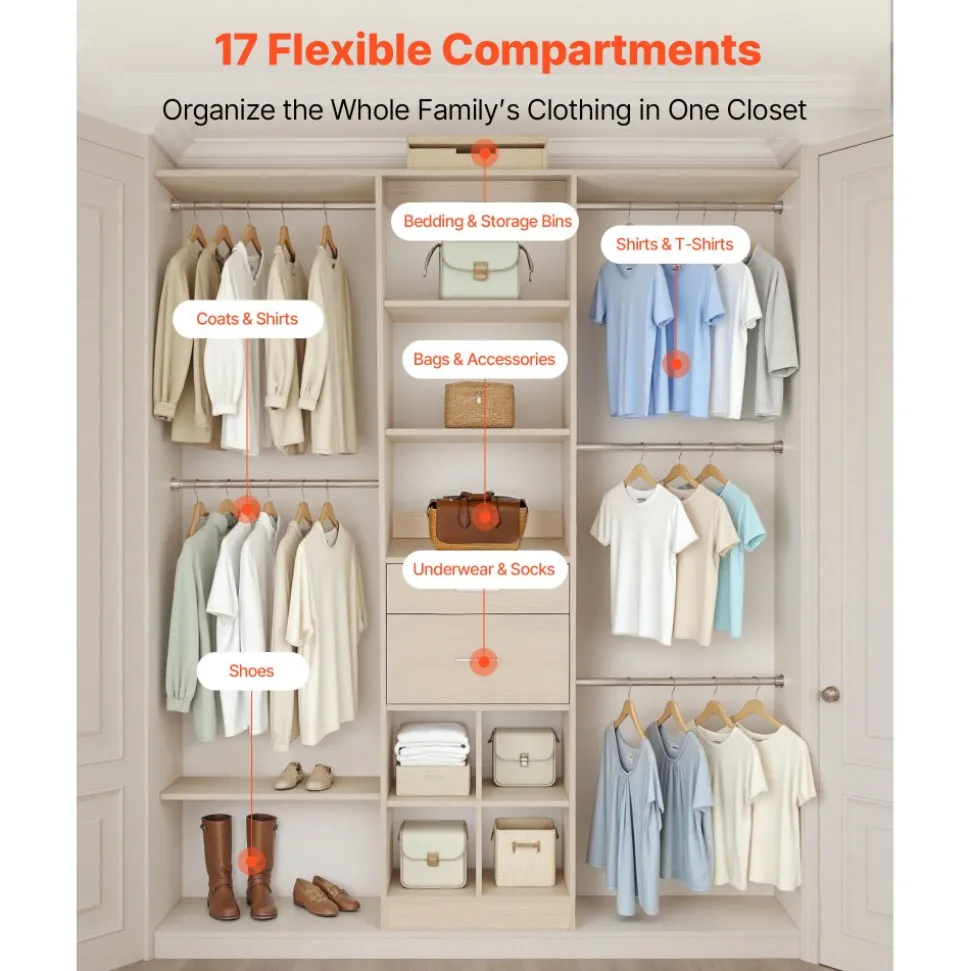 VEVOR Closet System with 2 Drawers, Adjustable Height Wooden Closet Organizers, Modern Walk-in Wardrobe Organization with 5 Retractable Clothes Hanger Rods, Freestanding Garment Rack Storage, Grey