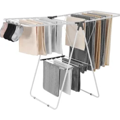VEVOR Clothes Drying Rack, 2-Tier Foldable Laundry Dryer Rack with Sock Clips & 21 Drying Rods, Metal Height Adjustable Drying Racks for Outdoor & Indoor, Free-Standing & Space-Saving Hanger, White