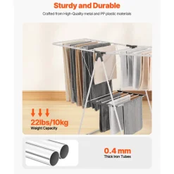 VEVOR Clothes Drying Rack, 2-Tier Foldable Laundry Dryer Rack with Sock Clips & 21 Drying Rods, Metal Height Adjustable Drying Racks for Outdoor & Indoor, Free-Standing & Space-Saving Hanger, White