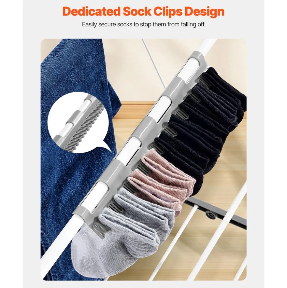 VEVOR Clothes Drying Rack, 2-Tier Foldable Laundry Dryer Rack with Sock Clips & 31 Dry Rods, Metal Height Adjustable Drying Racks for Outdoor & Indoor, Free-Standing & Space-Saving Hanger, White