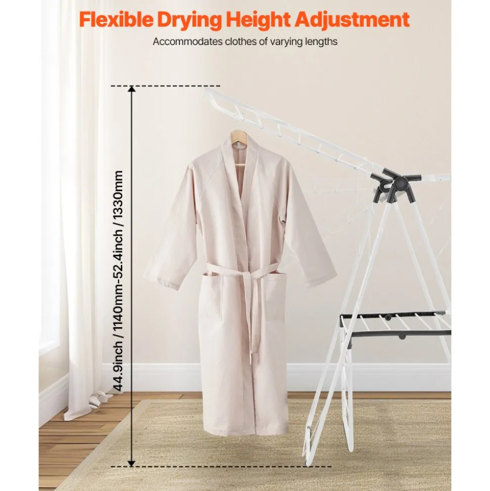 VEVOR Clothes Drying Rack, 2-Tier Foldable Laundry Dryer Rack with Sock Clips & 31 Dry Rods, Metal Height Adjustable Drying Racks for Outdoor & Indoor, Free-Standing & Space-Saving Hanger, White
