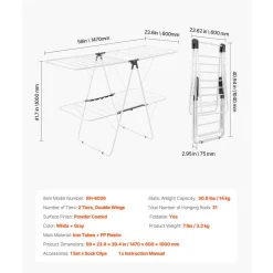 VEVOR Clothes Drying Rack, 2-Tier Foldable Laundry Dryer Rack with Sock Clips & 31 Dry Rods, Metal Height Adjustable Drying Racks for Outdoor & Indoor, Free-Standing & Space-Saving Hanger, White