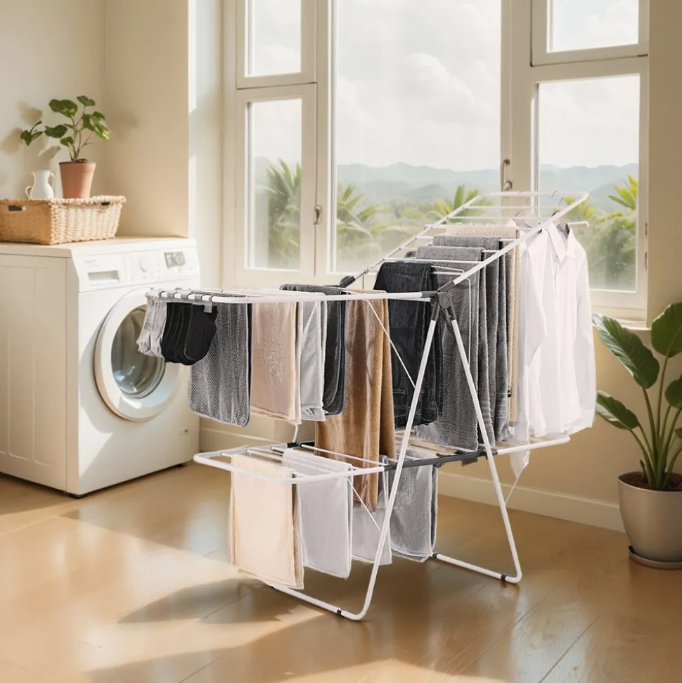 VEVOR Clothes Drying Rack, 2-Tier Foldable Laundry Dryer Rack with Sock Clips & 31 Dry Rods, Metal Height Adjustable Drying Racks for Outdoor & Indoor, Free-Standing & Space-Saving Hanger, White