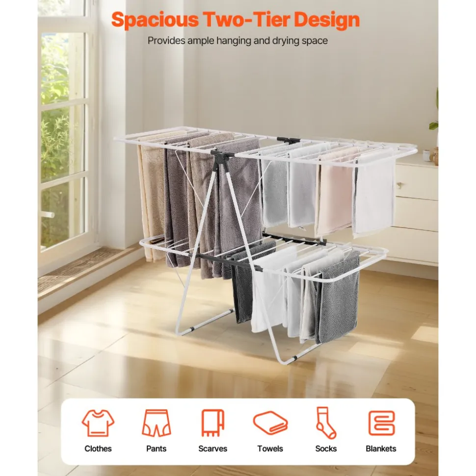 VEVOR Clothes Drying Rack, 2-Tier Foldable Laundry Dryer Rack with Sock Clips & 31 Dry Rods, Metal Height Adjustable Drying Racks for Outdoor & Indoor, Free-Standing & Space-Saving Hanger, White