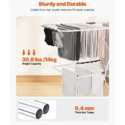 VEVOR Clothes Drying Rack, 2-Tier Foldable Laundry Dryer Rack with Sock Clips & 31 Dry Rods, Metal Height Adjustable Drying Racks for Outdoor & Indoor, Free-Standing & Space-Saving Hanger, White