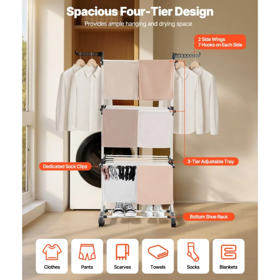 VEVOR Clothes Drying Rack, 4-Tier Foldable Laundry Dryer Rack, Metal Drying Racks with 24 Drying Rods, Free-Standing and Portable Hanger with 4 Castors and Two Side Wings for Outdoor & Indoor Use