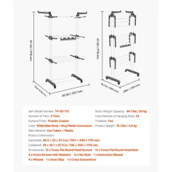 VEVOR Clothes Drying Rack, 4-Tier Foldable Laundry Dryer Rack, Metal Drying Racks with 24 Drying Rods, Free-Standing and Portable Hanger with 4 Castors and Two Side Wings for Outdoor & Indoor Use