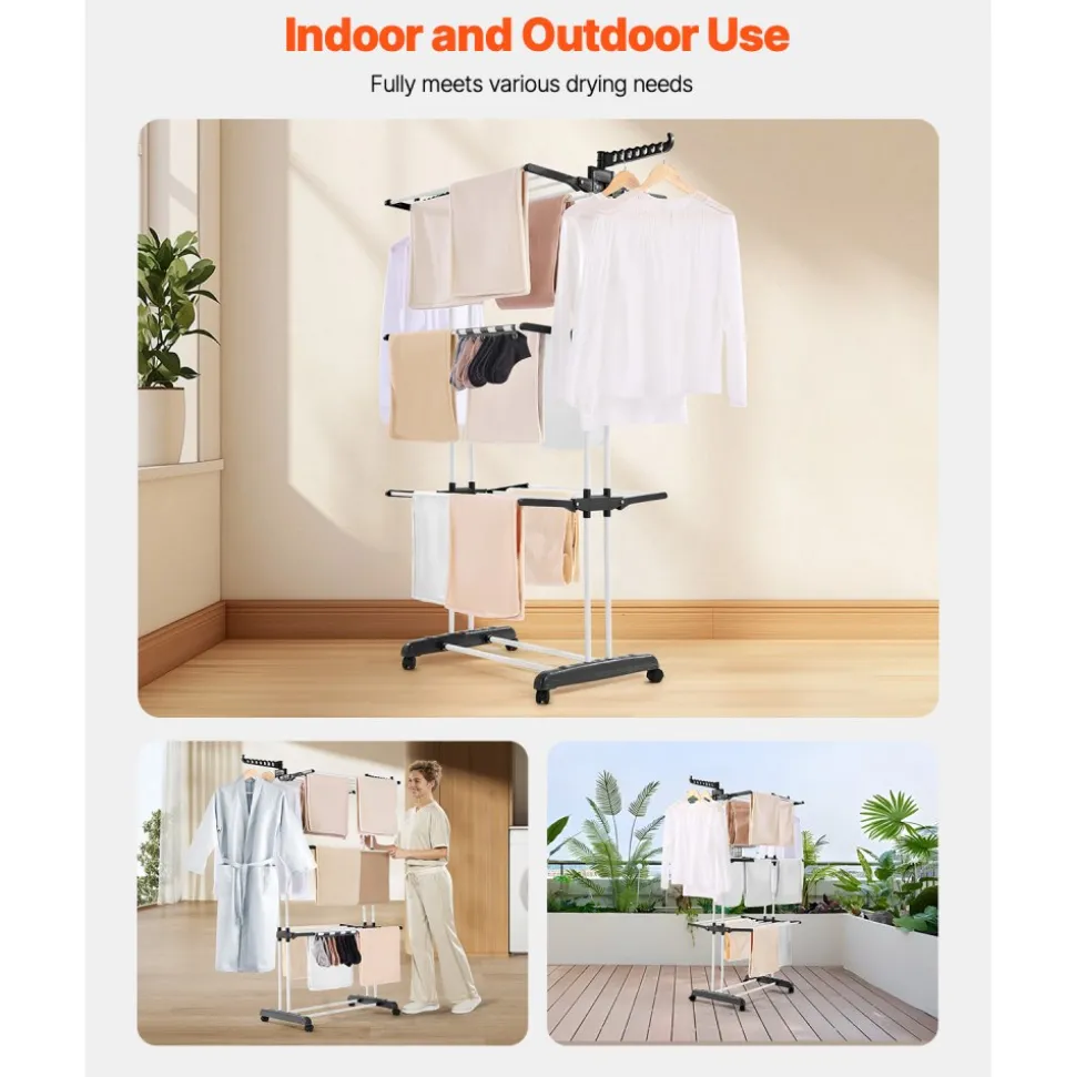 VEVOR Clothes Drying Rack, 4-Tier Foldable Laundry Dryer Rack, Metal Drying Racks with 24 Drying Rods, Free-Standing and Portable Hanger with 4 Castors and Two Side Wings for Outdoor & Indoor Use