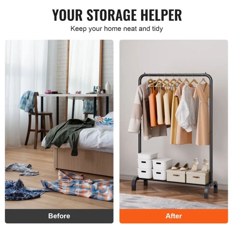 VEVOR Clothes Rack, Heavy Duty Clothing Garment Rack with Hanging Rod and Bottom Storage Area, Clothing Rack for Bedroom Guest Room
