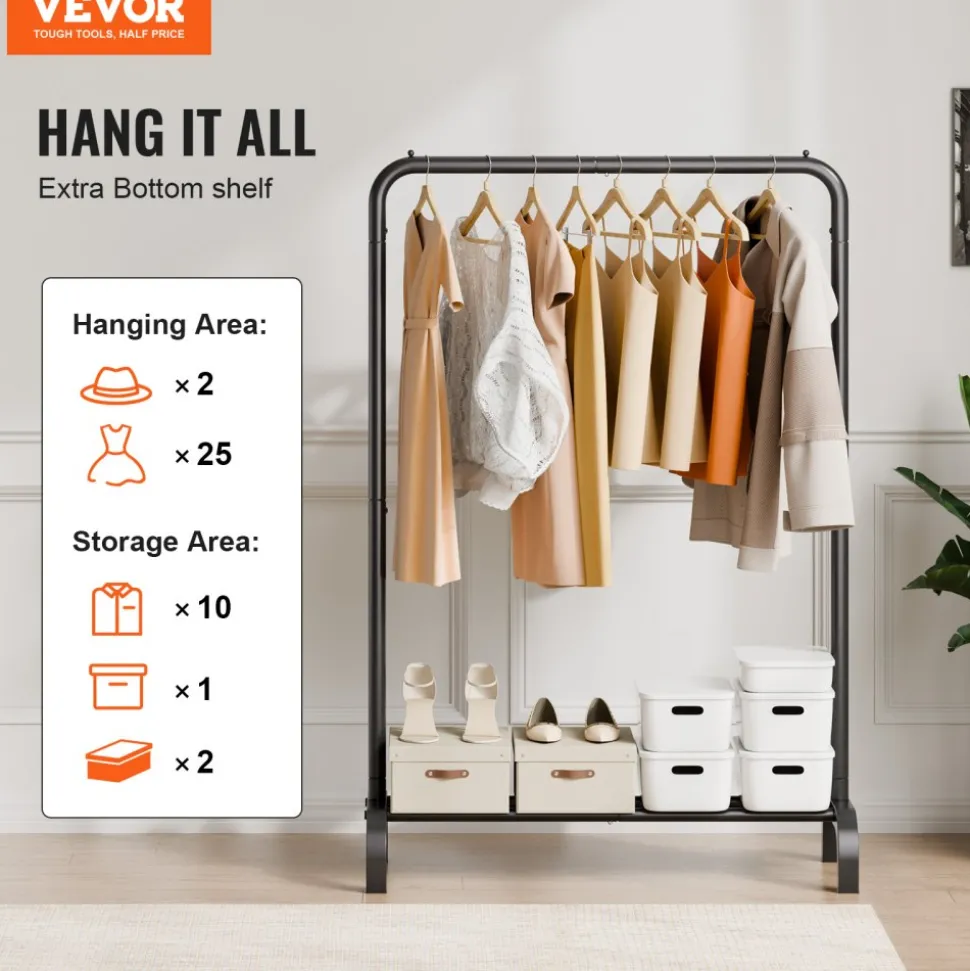 VEVOR Clothes Rack, Heavy Duty Clothing Garment Rack with Hanging Rod and Bottom Storage Area, Clothing Rack for Bedroom Guest Room