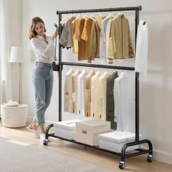 VEVOR Clothes Rack, Rolling Clothing Garment Rack with Adjustable Crossbar and Side Hooks, 150 lbs Load Capacity, Heavy Duty Carbon Steel Clothing Racks with Wheels for Bedroom, Laundry, Living Room