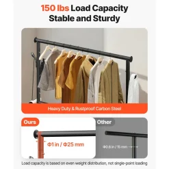 VEVOR Clothes Rack, Rolling Clothing Garment Rack with Adjustable Crossbar and Side Hooks, 150 lbs Load Capacity, Heavy Duty Carbon Steel Clothing Racks with Wheels for Bedroom, Laundry, Living Room