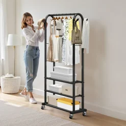 VEVOR Clothes Rack, Rolling Clothing Garment Rack with 2 Hanging Rods and Storage Basket, 330 lbs Load Capacity, Extendable Carbon Steel Clothing Racks with Wheels for Bedroom, Laundry, Living Room