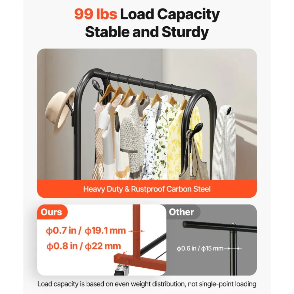 VEVOR Clothes Rack, Rolling Clothing Garment Rack with Hanging Rod and Side Hooks, 198 lbs Load Capacity, Heavy Duty Carbon Steel Clothing Racks with Wheels, Ideal for Bedroom, Laundry, Living Room