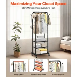 VEVOR Clothes Rack, Rolling Clothing Garment Rack with Hanging Rod and Side Hooks, 198 lbs Load Capacity, Heavy Duty Carbon Steel Clothing Racks with Wheels, Ideal for Bedroom, Laundry, Living Room