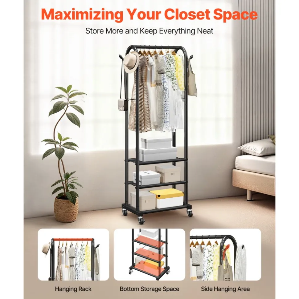 VEVOR Clothes Rack, Rolling Clothing Garment Rack with Hanging Rod and Side Hooks, 198 lbs Load Capacity, Heavy Duty Carbon Steel Clothing Racks with Wheels, Ideal for Bedroom, Laundry, Living Room