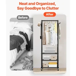 VEVOR Clothes Rack, Rolling Clothing Garment Rack with Hanging Rod and Side Hooks, 198 lbs Load Capacity, Heavy Duty Carbon Steel Clothing Racks with Wheels, Ideal for Bedroom, Laundry, Living Room