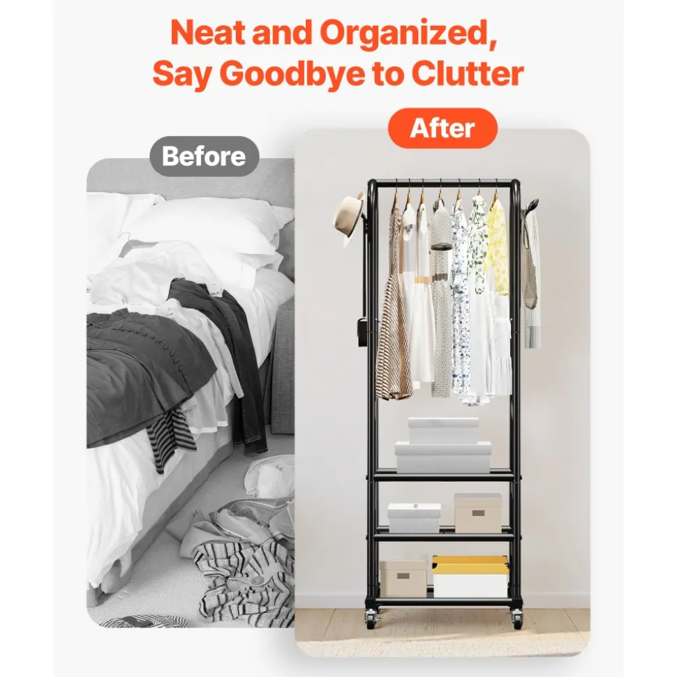 VEVOR Clothes Rack, Rolling Clothing Garment Rack with Hanging Rod and Side Hooks, 198 lbs Load Capacity, Heavy Duty Carbon Steel Clothing Racks with Wheels, Ideal for Bedroom, Laundry, Living Room
