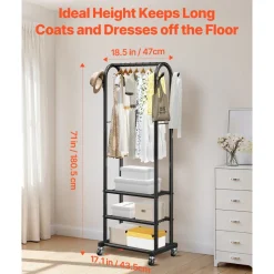 VEVOR Clothes Rack, Rolling Clothing Garment Rack with Hanging Rod and Side Hooks, 198 lbs Load Capacity, Heavy Duty Carbon Steel Clothing Racks with Wheels, Ideal for Bedroom, Laundry, Living Room