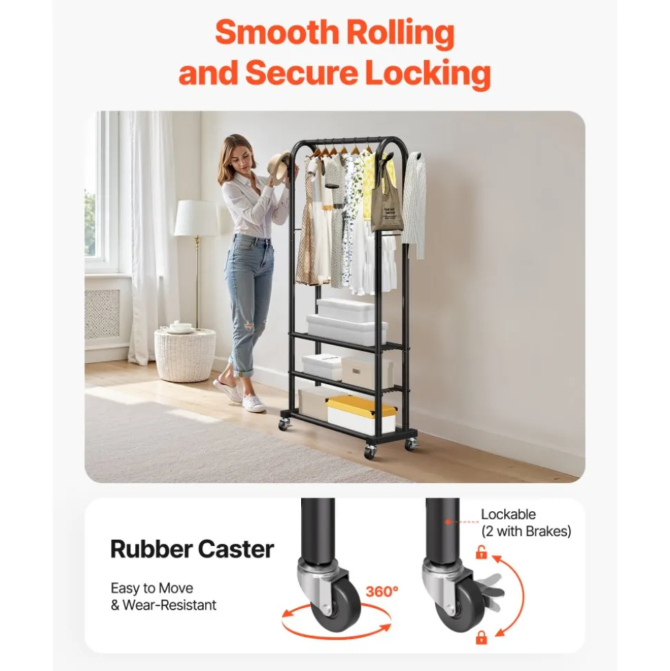 VEVOR Clothes Rack, Rolling Clothing Garment Rack with Hanging Rod and Side Hooks, 198 lbs Load Capacity, Heavy Duty Carbon Steel Clothing Racks with Wheels, Ideal for Bedroom, Laundry, Living Room
