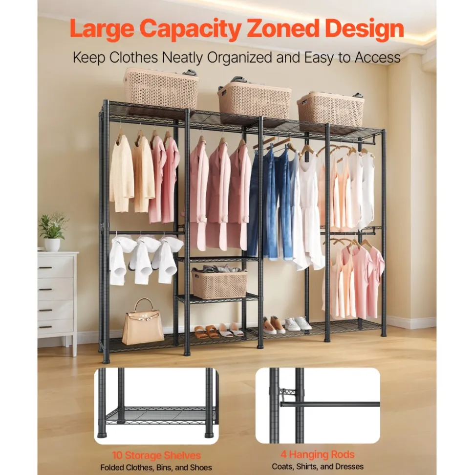 VEVOR Clothing Garment Rack, Heavy Duty Closet Wardrobe, Adjustable Tiers Clothes Racks with Steel Frame, 1100 lbs Load Capacity Clothes Rack with 4 Hanging Rods for Bedroom, Clothing Store, Hallway
