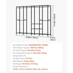 VEVOR Clothing Garment Rack, Heavy Duty Closet Wardrobe, Adjustable Tiers Clothes Racks with Steel Frame, 1100 lbs Load Capacity Clothes Rack with 4 Hanging Rods for Bedroom, Clothing Store, Hallway