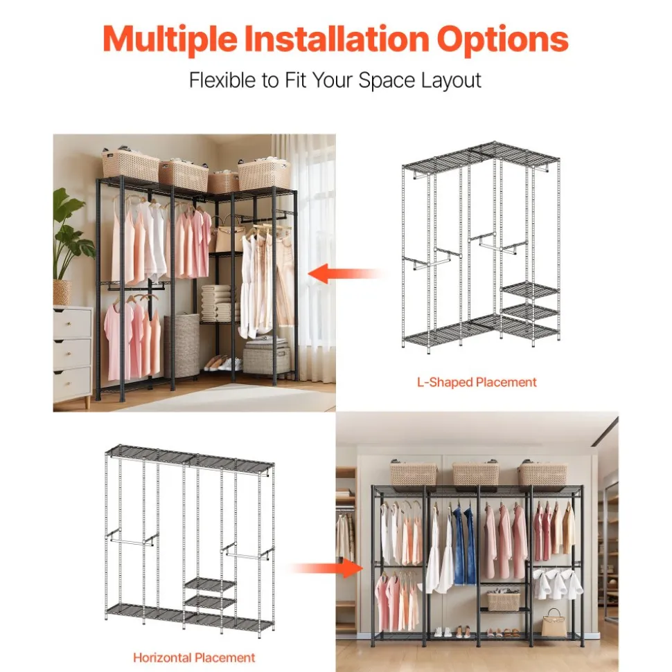 VEVOR Clothing Garment Rack, Heavy Duty Closet Wardrobe, Adjustable Tiers Clothes Racks with Steel Frame, 1100 lbs Load Capacity Clothes Rack with 4 Hanging Rods for Bedroom, Clothing Store, Hallway