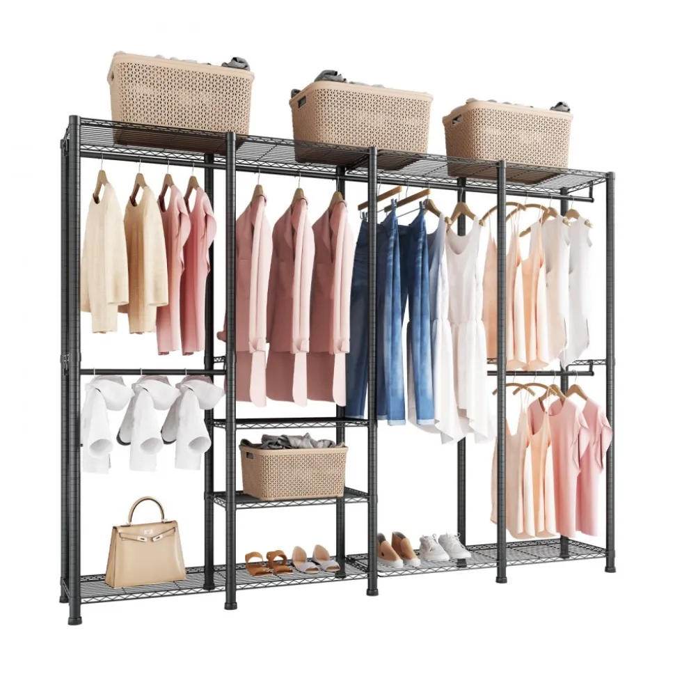 VEVOR Clothing Garment Rack, Heavy Duty Closet Wardrobe, Adjustable Tiers Clothes Racks with Steel Frame, 1100 lbs Load Capacity Clothes Rack with 4 Hanging Rods for Bedroom, Clothing Store, Hallway