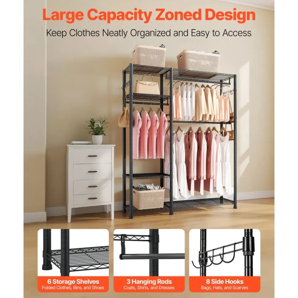 VEVOR Clothing Garment Rack, Heavy Duty Clothes Rack, Freestanding Clothes Racks with Steel Frame, 800 lbs Load Capacity Closet Wardrobe with Storage Shelves for Bedroom, Clothing Store, Hallway
