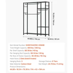 VEVOR Clothing Garment Rack, Heavy Duty Clothes Rack, Freestanding Clothes Racks with Steel Frame, 800 lbs Load Capacity Closet Wardrobe with Storage Shelves for Bedroom, Clothing Store, Hallway