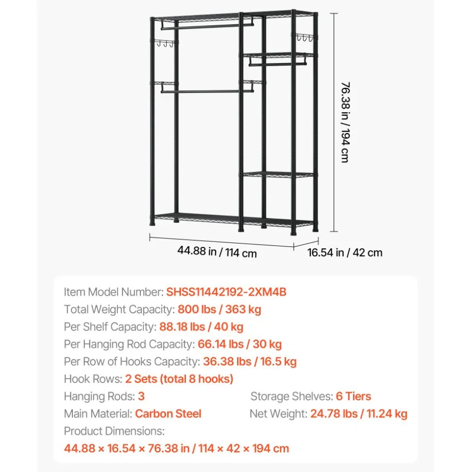 VEVOR Clothing Garment Rack, Heavy Duty Clothes Rack, Freestanding Clothes Racks with Steel Frame, 800 lbs Load Capacity Closet Wardrobe with Storage Shelves for Bedroom, Clothing Store, Hallway