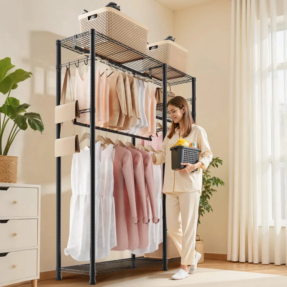 VEVOR Clothing Garment Rack, Heavy Duty Clothes Rack, Freestanding Clothes Racks with Steel Frame, 800 lbs Load Capacity Closet Wardrobe with Storage Shelves for Bedroom, Clothing Store, Hallway