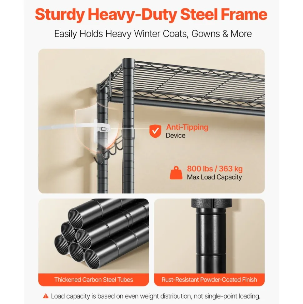 VEVOR Clothing Garment Rack, Heavy Duty Clothes Rack, Freestanding Clothes Racks with Steel Frame, 800 lbs Load Capacity Closet Wardrobe with Storage Shelves for Bedroom, Clothing Store, Hallway