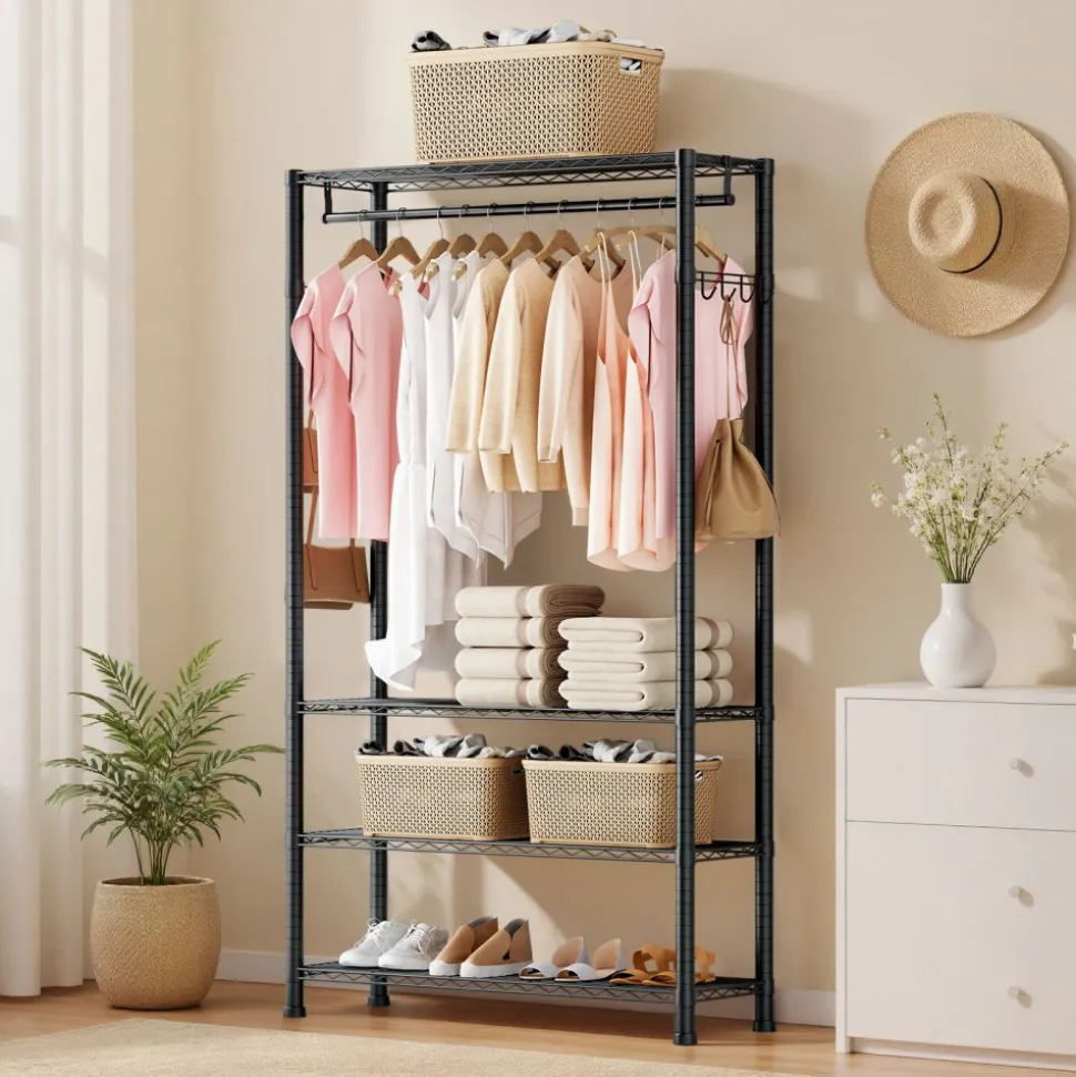 VEVOR Clothing Garment Rack, Heavy Duty Clothing Garment Rack, 4 Adjustable Tiers Clothing Racks with Carbon Steel, 500 lbs Load Capacity Closet Wardrobe for Bedroom, Clothing Store, Hallway
