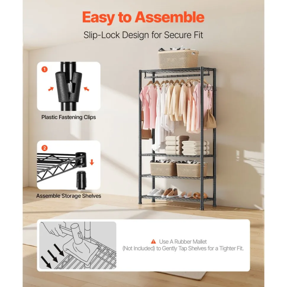 VEVOR Clothing Garment Rack, Heavy Duty Clothing Garment Rack, 4 Adjustable Tiers Clothing Racks with Carbon Steel, 500 lbs Load Capacity Closet Wardrobe for Bedroom, Clothing Store, Hallway