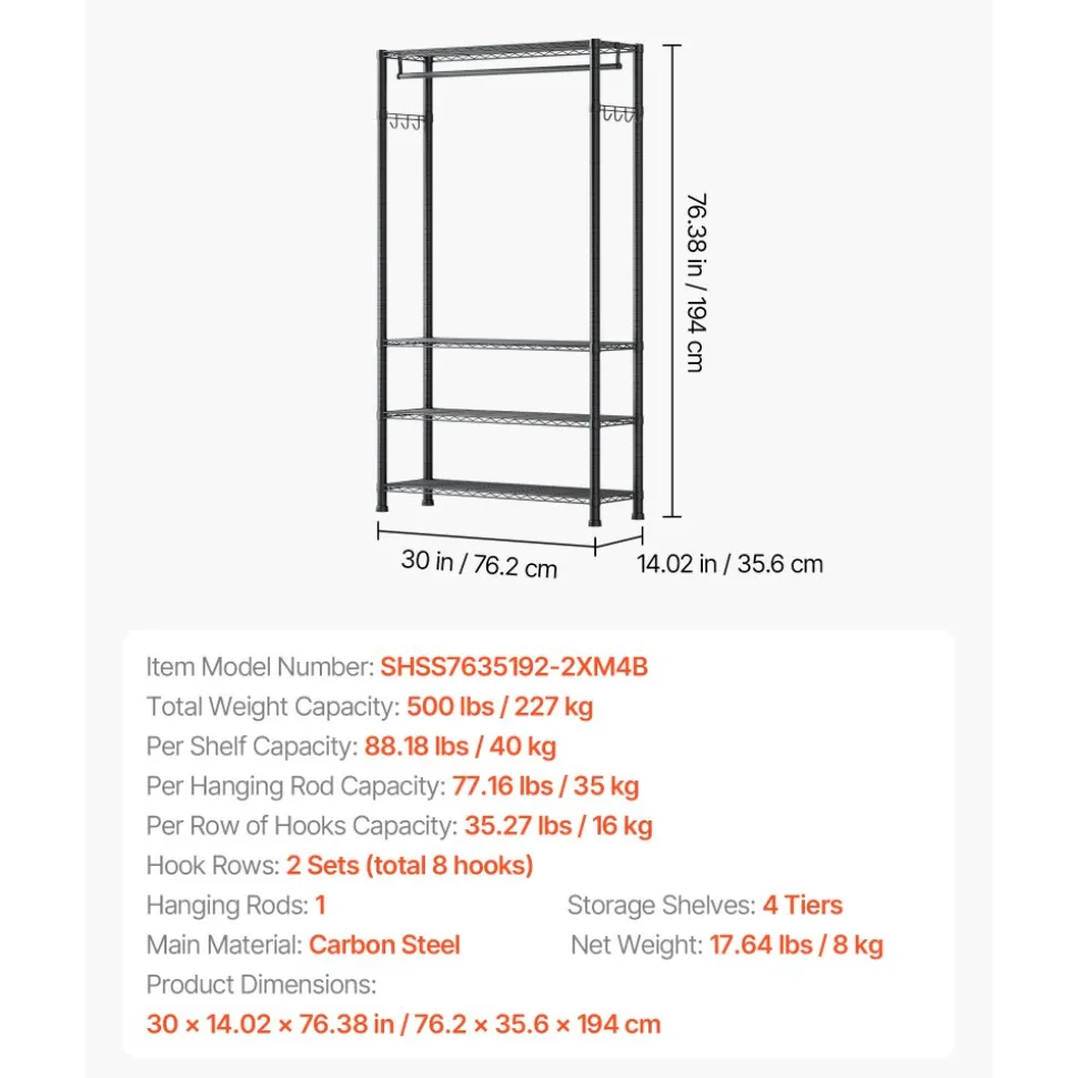 VEVOR Clothing Garment Rack, Heavy Duty Clothing Garment Rack, 4 Adjustable Tiers Clothing Racks with Carbon Steel, 500 lbs Load Capacity Closet Wardrobe for Bedroom, Clothing Store, Hallway