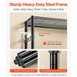 VEVOR Clothing Garment Rack, Heavy Duty Clothing Garment Rack, 4 Adjustable Tiers Clothing Racks with Carbon Steel, 500 lbs Load Capacity Closet Wardrobe for Bedroom, Clothing Store, Hallway